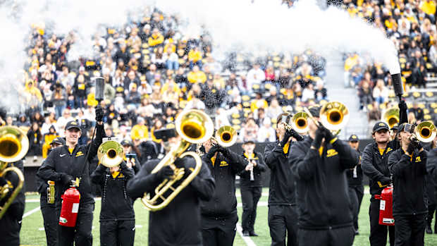 Members of the Hawkeye Marching Band perform at halftime during the Crossover at Kinnick women's basketball scrimmage between Iowa and DePaul, Sunday, Oct. 15, 2023, at Kinnick Stadium in Iowa City, Iowa