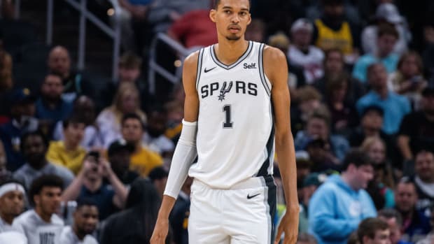 Nov 6, 2023; Indianapolis, Indiana, USA; San Antonio Spurs center Victor Wembanyama (1) in the first half against the Indiana Pacers at Gainbridge Fieldhouse.