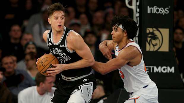 Jan 4, 2023; New York, New York, USA; San Antonio Spurs forward Zach Collins (23) controls the ball against New York Knicks center Jericho Sims (45) during the fourth quarter at Madison Square Garden.