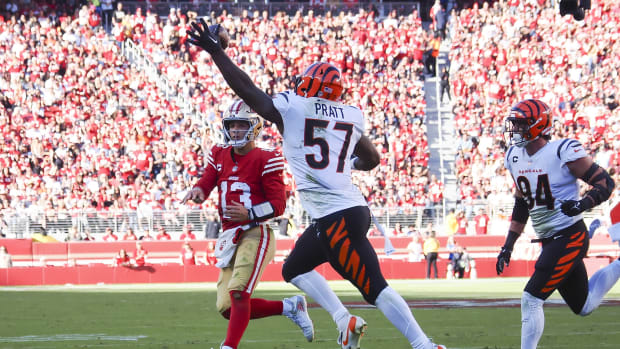 Oct 29, 2023; Santa Clara, California, USA; Cincinnati Bengals linebacker Germaine Pratt (57) intercepts the pass by San Francisco 49ers quarterback Brock Purdy (13) during the third quarter at Levi's Stadium. Mandatory Credit: Kelley L Cox-USA TODAY Sports  