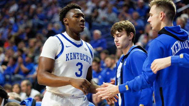 Nov 6, 2023; Lexington, Kentucky, USA; Kentucky Wildcats guard Adou Thiero (3) returns to the bench during the first half against the New Mexico State Aggies at Rupp Arena at Central Bank Center. Mandatory Credit: Jordan Prather-USA TODAY Sports