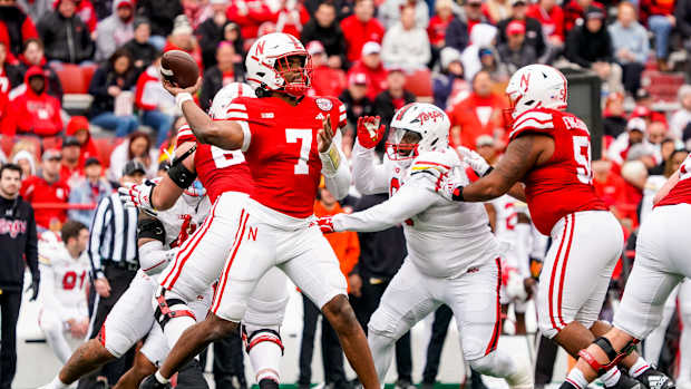 Jeff Sims pass 3Q 2023 Nebraska vs Maryland football USATSI_21873908