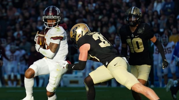 Nov 11, 2023; West Lafayette, Indiana, USA; Minnesota Golden Gophers wide receiver Daniel Jackson (9) catches a pass against Purdue Boilermakers defensive back Dillon Thieneman (31) during the first half at Ross-Ade Stadium.