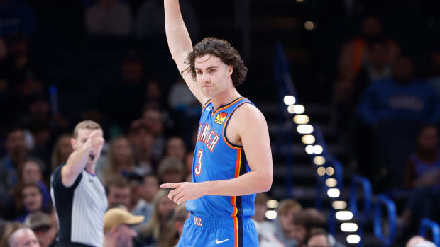 Oct 30, 2023; Oklahoma City, Oklahoma, USA; Oklahoma City Thunder guard Josh Giddey (3) celebrates a made basket against the Detroit Pistons during the second half at Paycom Center. Oklahoma City won 124-112. 