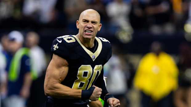 New Orleans Saints tight end Jimmy Graham (80) during the Who Dat chant.