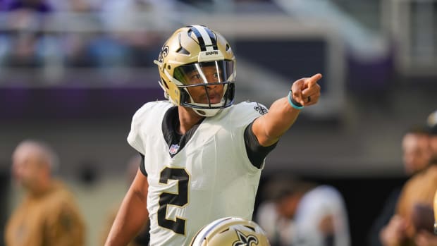 New Orleans Saints quarterback Jameis Winston (2) warms up before the game against the Minnesota Vikings.