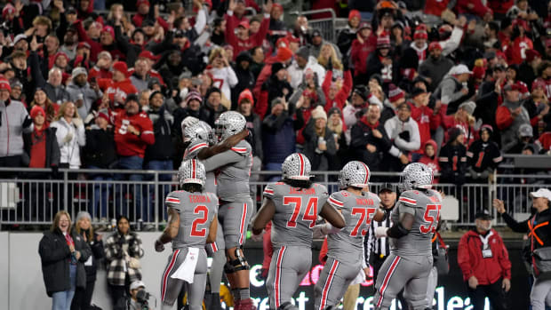 Ohio State Buckeyes wide receiver Marvin Harrison Jr. (18) celebrates his touchdown in the first quarter during the NCAA football game against Michigan State University at Ohio Stadium