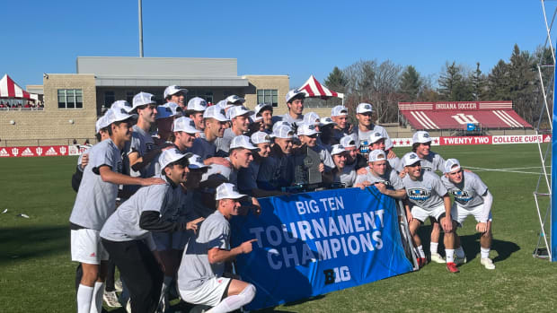 Nov. 12, 2023. The Indiana men's soccer team poses for a photo after winning the 2023 Big Ten Tournament Championship. The Hoosiers beat Penn State 1-0 at Bill Armstrong Stadium.