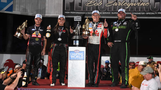 The 2023 NHRA champions (from left): Gaige Herrera (Pro Stock Motorcycle), Erica Enders (Pro Stock), Doug Kalitta (Top Fuel) and Matt Hagan (Funny Car). Photo courtesy NHRA.