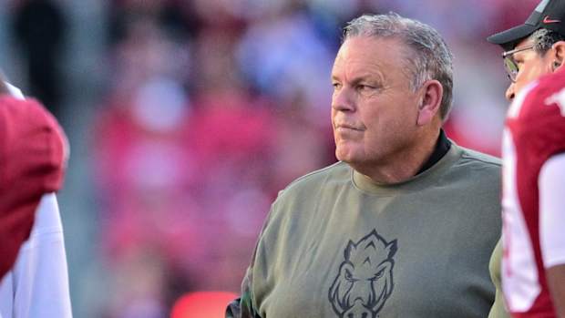 Razorbacks coach Sam Pittman on sidelines against Auburn on Saturday
