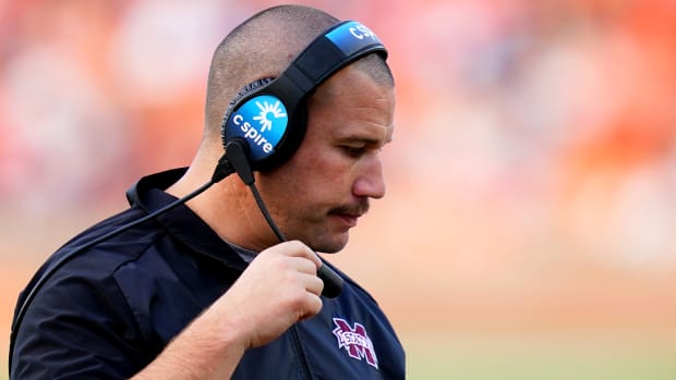Mississippi State Bulldogs head coach Zach Arnett reacts after a failed series of down against the Auburn Tigers during the second half at Jordan-Hare Stadium.