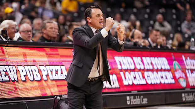 Nov 13, 2023; Columbia, Missouri, USA; SIU Edwardsville Cougars head coach Brian Barone reacts to play against the Missouri Tigers during the second half at Mizzou Arena.
