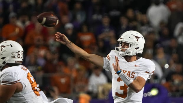 Texas Longhorns quarterback Quinn Ewers (3) throws a pass during the game against Texas Christian University at Amon G. Carter Stadium on Saturday, Nov. 11, 2023 in Fort Worth, Texas