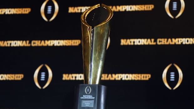 The College Football Playoff national championship trophy.