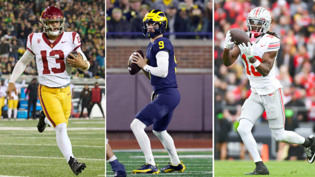 Caleb Williams runs with the ball in one hand; J.J. McCarthy holds the ball stepping back preparing to throw; Marvin Harrison Jr. catches the ball in two hands