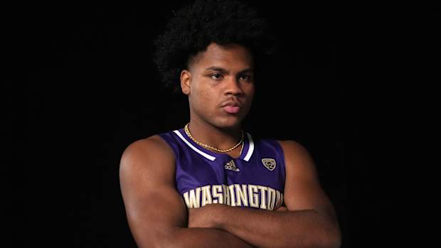 Oct 11, 2023; Las Vegas, NV, USA; Washington Huskies guard Sahvir Wheeler (5) poses during Pac-12 Media Day at Park MGM Las Vegas Conference Center. Mandatory Credit: Kirby Lee-USA TODAY Sports