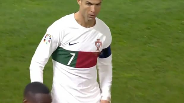 Cristiano Ronaldo pictured tapping his left thigh muscle after scoring for Portugal against Liechtenstein in November 2023