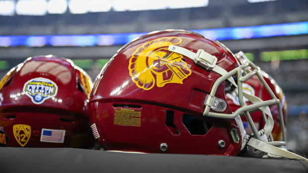Jan 2, 2023; Arlington, Texas, USA; A view of the USC Trojans helmets and Cotton Bowl logo during the game between the USC Trojans and the Tulane Green Wave in the 2023 Cotton Bowl at AT&T Stadium. Mandatory Credit: Jerome Miron-USA TODAY Sports  