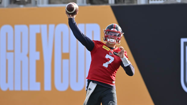 Nov 16, 2023; Hamilton, Ontario, CAN; Montreal Alouettes quarterback Cody Fajardo (7) throws a pass during practice at Tim Hortons Field. Mandatory Credit: Dan Hamilton-USA TODAY Sports