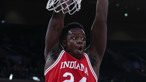 Indiana Hoosiers forward Payton Sparks (24) reacts after a dunk against the Louisville Cardinals during the second half at Madison Square Garden. 