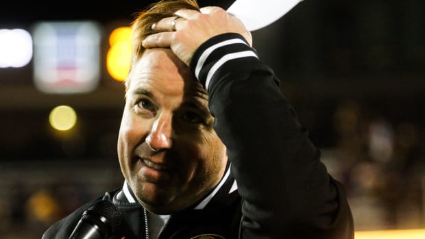 Missouri football coach Eli Drinkwitz answers questions during a postgame interview after beating Florida on a field goal at Memorial Stadium on Nov. 18, 2023, in Columbia, Mo.