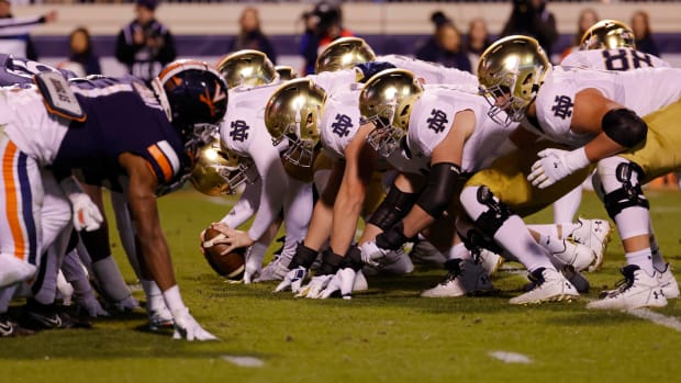 Nov 13, 2021; Charlottesville, Virginia, USA; The Notre Dame Fighting Irish offense lines up against the Virginia Cavaliers defense at Scott Stadium. Mandatory Credit: Geoff Burke-USA TODAY Sports