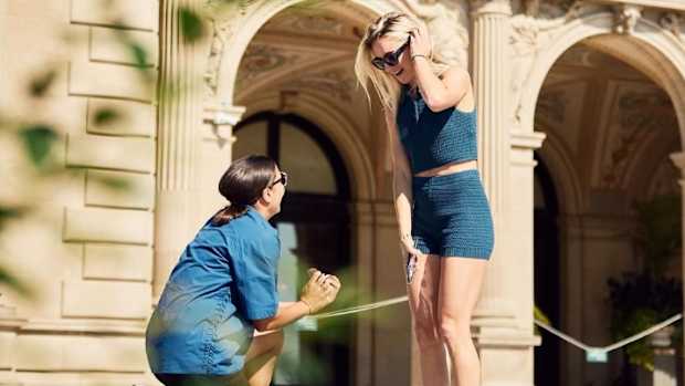 Sam Kerr pictured proposing to Kristie Mewis in September 2023