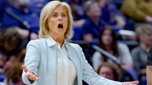 LSU coach Kim Mulkey during the No. 7 Tigers' 106-47 win over Texas Southern on Nov. 20, 2023.