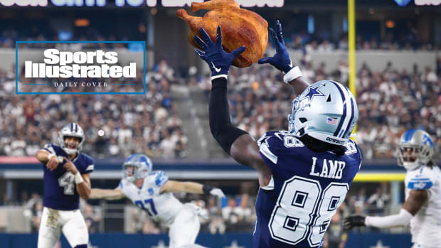 An illustration showing Dak Prescott throwing a turkey to CeeDee Lamb, with Lions players in the background.