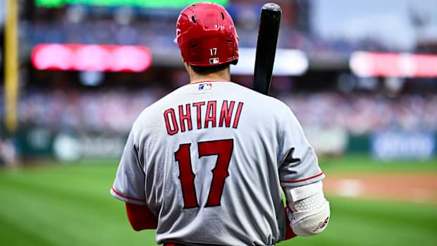 Aug 29, 2023; Philadelphia, Pennsylvania, USA; Los Angeles Angels designated hitter Shohei Ohtani (17) looks on before the game against the Philadelphia Phillies at Citizens Bank Park. Mandatory Credit: Kyle Ross-USA TODAY Sports