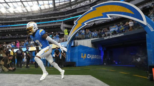Oct 29, 2023; Inglewood, California, USA; Los Angeles Chargers safety Derwin James Jr. (3) enters the field before the game against the Chicago Bears at SoFi Stadium. Mandatory Credit: Kirby Lee-USA TODAY Sports  