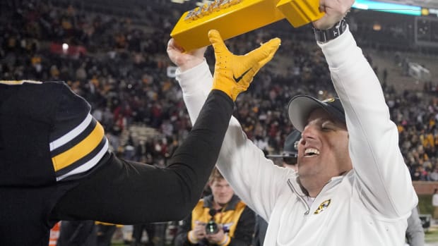Missouri Tigers head coach Eli Drinkwitz celebrates after the 2022 win over the Arkansas Razorbacks at Faurot Field at Memorial Stadium.