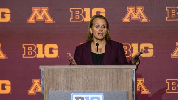 Oct 9, 2023; Minneapolis, MN, USA; Minnesota Golden Gophers head coach Dawn Plitzuweit speaks to the media at the Big Ten Basketball Media Days at Target Center.
