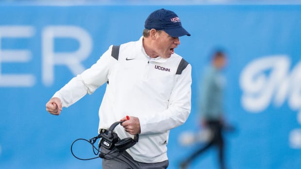 Dec 19, 2022; Conway, South Carolina, USA; Connecticut Huskies head coach Jim Mora reacts in the second half against the Marshall Thundering Herd at Brooks Stadium. Mandatory Credit: David Yeazell-USA TODAY Sports