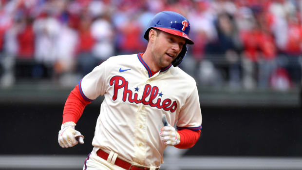 Oct 23, 2022; Philadelphia, Pennsylvania, USA; Philadelphia Phillies first baseman Rhys Hoskins (17) rounds third base after hitting a two-run home run in the third inning during game five of the NLCS against the San Diego Padres for the 2022 MLB Playoffs at Citizens Bank Park. Mandatory Credit: Eric Hartline-USA TODAY Sports
