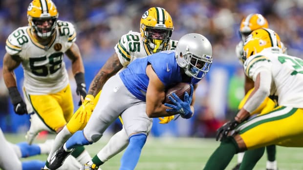  Detroit Lions receiver Kalif Raymond runs against the Green Bay Packers during the second half at Ford Field in Detroit on Thursday, Nov. 23, 2023.