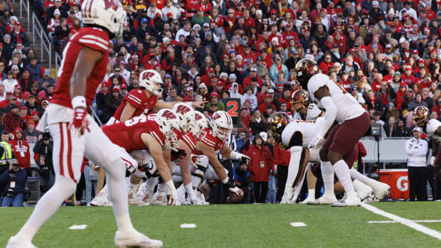 Nov 26, 2022; Madison, Wisconsin, USA; The Wisconsin Badgers line up for a play during the second quarter against the Minnesota Golden Gophers at Camp Randall Stadium. Mandatory Credit: Jeff Hanisch-USA TODAY Sports