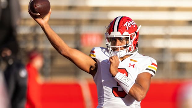 Maryland quarterback Taulia Tagovailoa (3) warms up before an NCAA college football game against Rutgers, Saturday, Nov. 25, 2023, in Piscataway, N.J. (AP Photo/Corey Sipkin)   