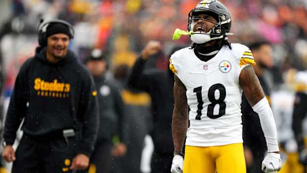 Pittsburgh Steelers wide receiver Diontae Johnson (18) reacts after a deep catch in the second quarter of a Week 12 NFL football game between the Pittsburgh Steelers and the Cincinnati Bengals, Sunday, Nov. 26, 2023, at Paycor Stadium.  