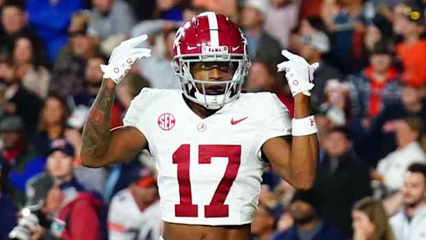 Alabama wide receiver Isaiah Bond celebrates after scoring game-winning touchdown vs. Auburn