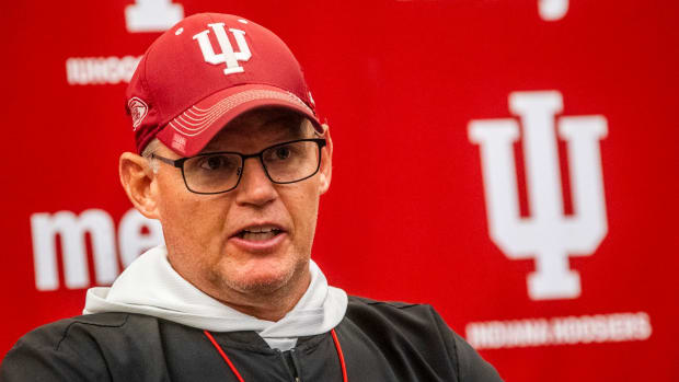 Indiana head coach Tom Allen announces new offensive coordinator Rod Carey inside the team room at Memorial Stadium on Wednesday, October 4, 2023.