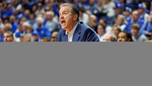 Nov 24, 2023; Lexington, Kentucky, USA; Kentucky Wildcats head coach John Calipari reacts during the first half against the Marshall Thundering Herd at Rupp Arena at Central Bank Center. Mandatory Credit: Jordan Prather-USA TODAY Sports