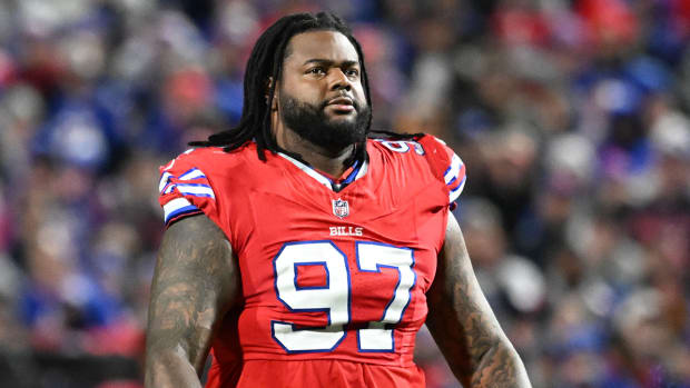 Bills defensive tackle Jordan Phillips (97) during a time out in the third quarter against the Giants at Highmark Stadium.