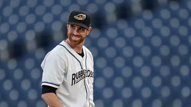 Cleveland Guardians pitcher Shane Bieber smiles as he takes the mound during the first inning of his rehab start for the Akron RubberDucks in a Minor League Baseball game at Canal Park, Tuesday, Sept. 12, 2023, in Akron, Ohio.  