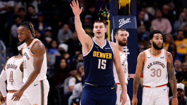 Nov 26, 2023; Denver, Colorado, USA; Denver Nuggets center Nikola Jokic (15) in the fourth quarter against the San Antonio Spurs at Ball Arena.
