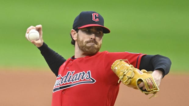 Sep 27, 2023; Cleveland, Ohio, USA; Cleveland Guardians starting pitcher Shane Bieber (57) delivers a pitch in the first inning against the Cincinnati Reds at Progressive Field. Mandatory Credit: David Richard-USA TODAY Sports  