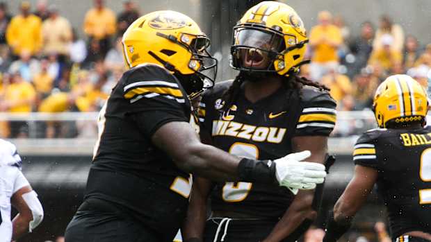 Missouri linebacker Ty'Ron Hopper celebrates after a play during a game against Kansas State at Memorial Stadium on Sept. 16, 2023, in Columbia, Mo.