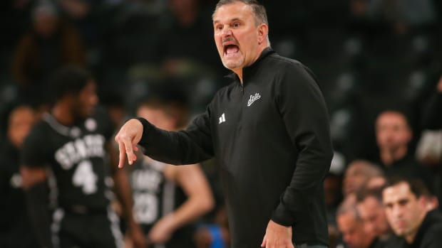 Mississippi State Bulldogs head coach Chris Jans in the first half against the Georgia Tech Yellow Jackets at McCamish Pavilion.