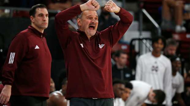 Dec 3, 2023; Starkville, Mississippi, USA; Mississippi State Bulldogs head coach Chris Jans reacts during the first half against the Southern Jaguars at Humphrey Coliseum. Mandatory Credit: Petre Thomas-USA TODAY Sports