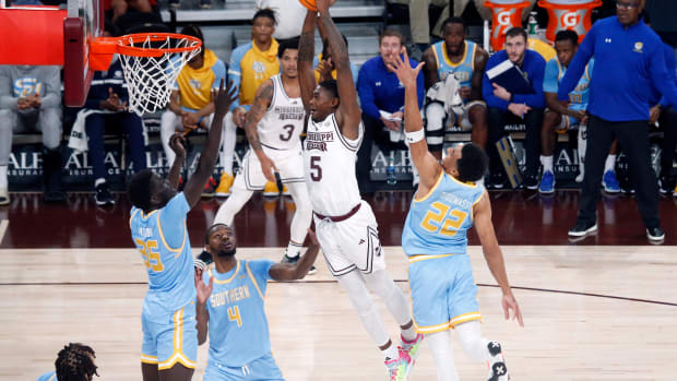 Mississippi State Bulldogs guard Shawn Jones Jr. (5) dunks during the first half against the Southern Jaguars at Humphrey Coliseum.